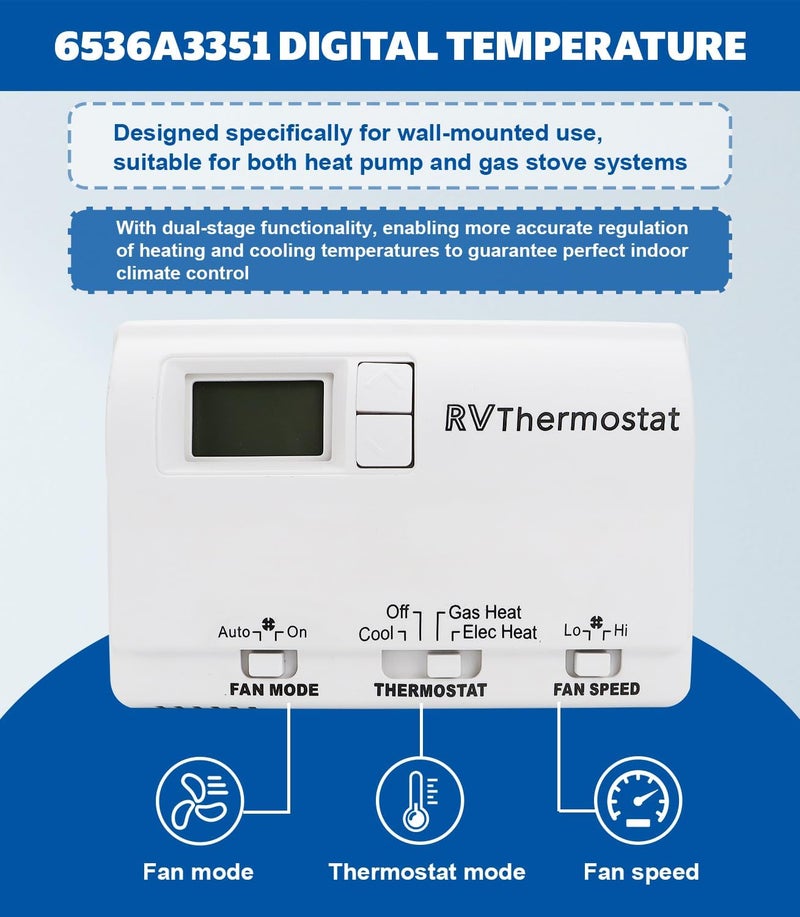 USTAR Upgraded RV 6536A3351 Digital Thermostat Compatible with Coleman Mach, Wall-Mounted, White, Two-Stage Digital Thermostat Fit for Heat Pump & Gas Furnace - Image 2